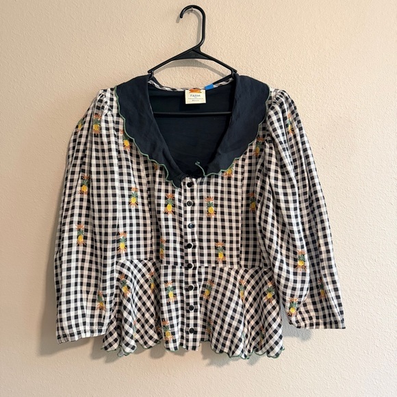 FARM Rio Tops - Farm Rio Linen Blend Gingham Embroidered Top